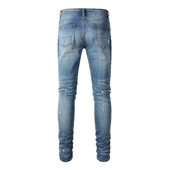 Blue Full Crystal Patchwork Distressed Painted Jeans