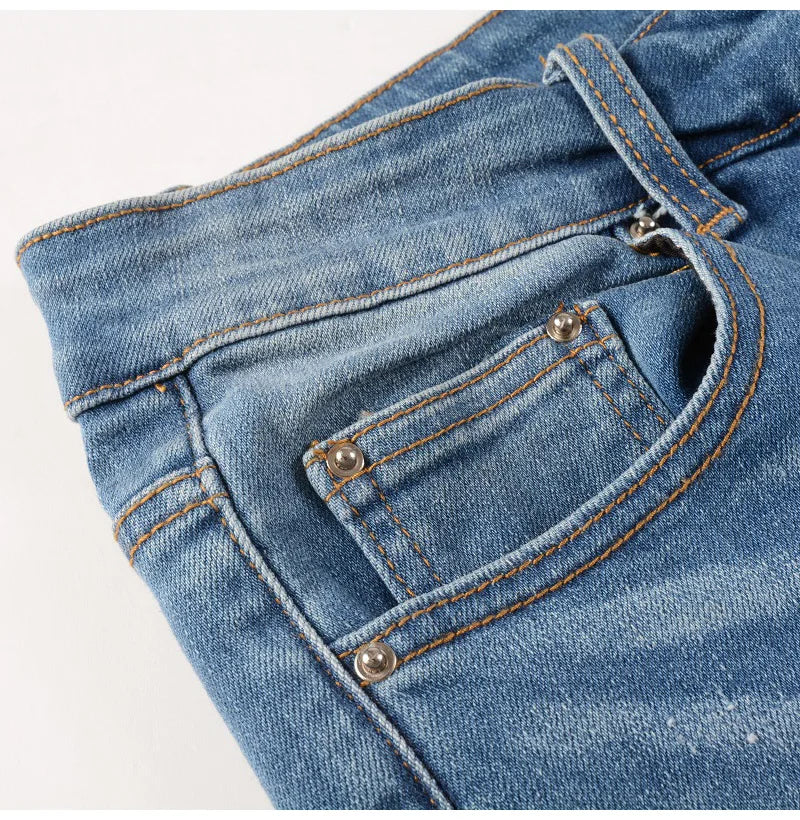 Blue Ribbed Denim Patch Distressed Jeans