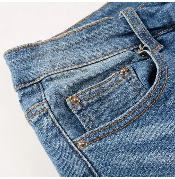 Blue Ribbed Denim Patch Distressed Jeans