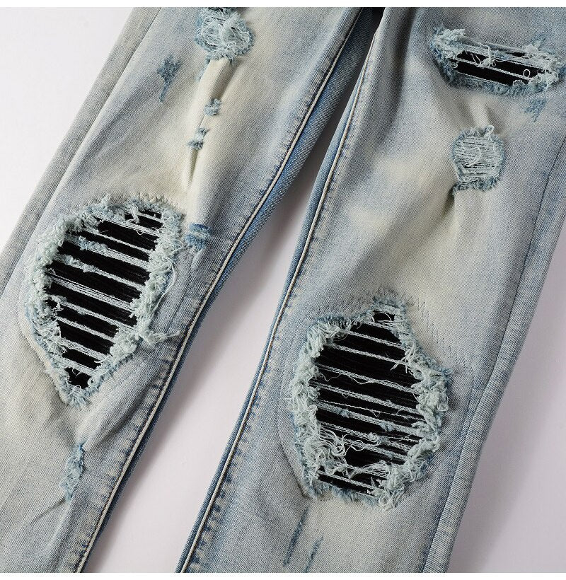 Blue Black Leather Pleated Patch Jeans