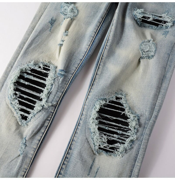 Blue Black Leather Pleated Patch Jeans