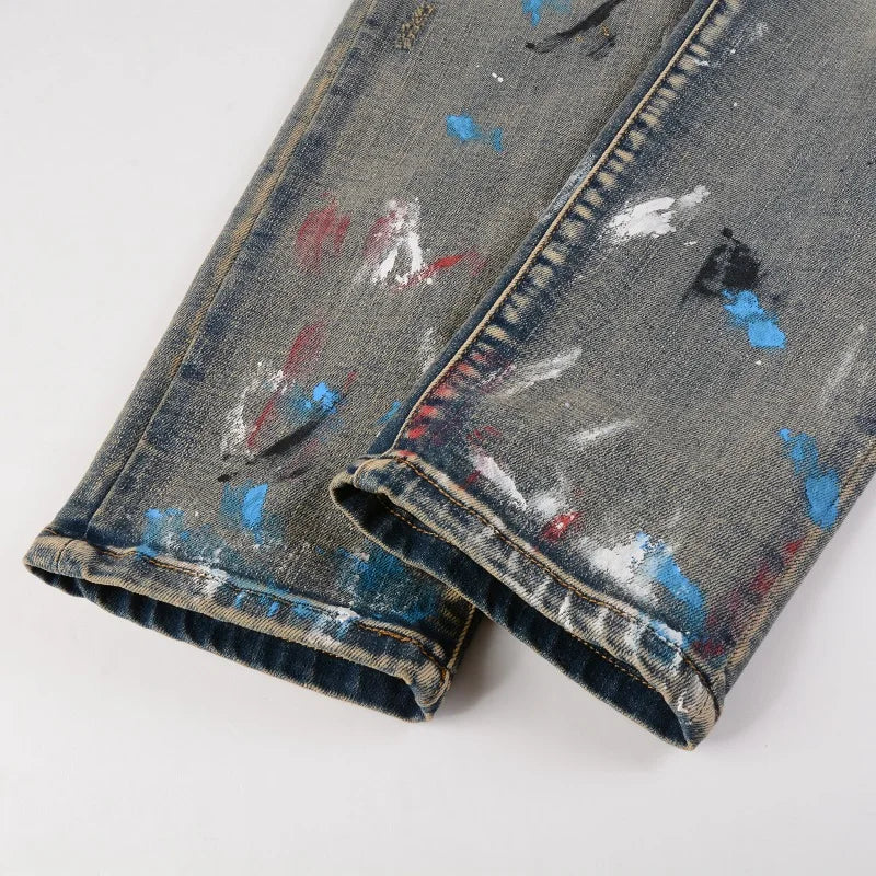 Blue Vintage Paint Splatter Ripped Jeans
