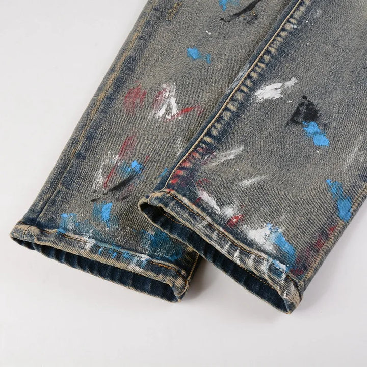 Blue Vintage Paint Splatter Ripped Jeans
