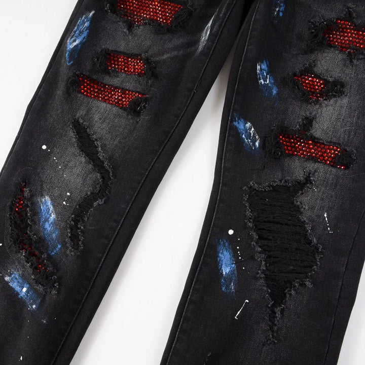 Black Red Crystal Paint Splatter Distessed Jeans