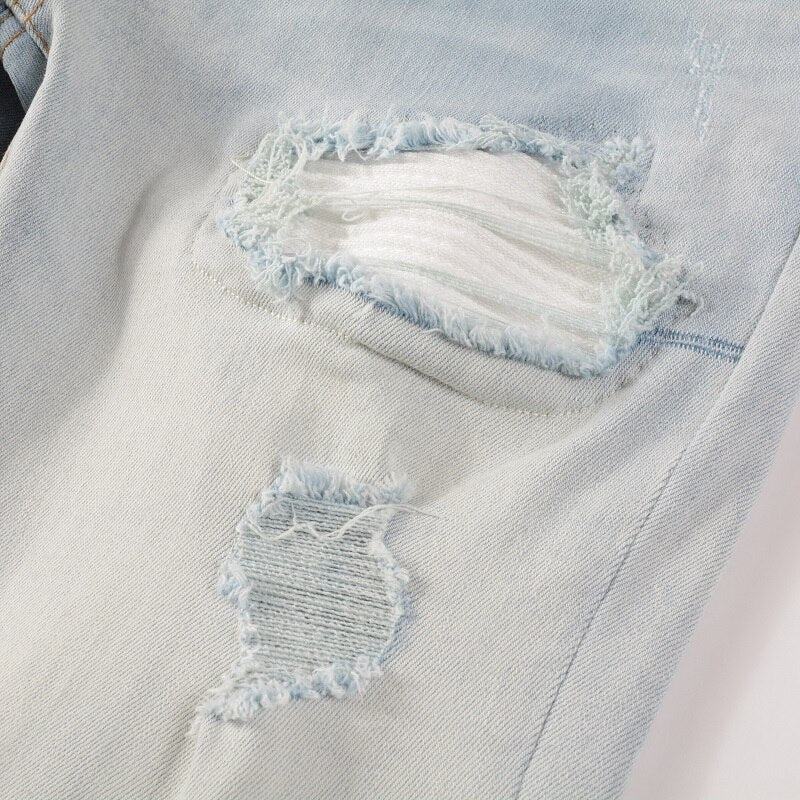 Pale Blue White Ribbed Patchwork Jeans