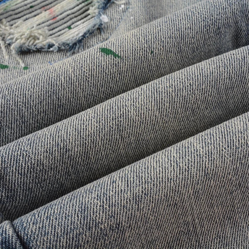 Blue Paint Splatter Ribbed Patchwork Distressed Jeans