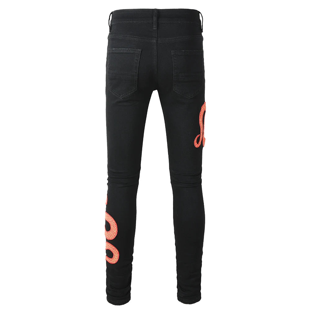 Black Red Full Embroidery Snake Patch Jeans