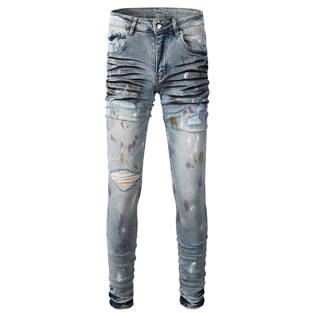 Light Blue Multicolour Painted Ribbed Distressed Jeans