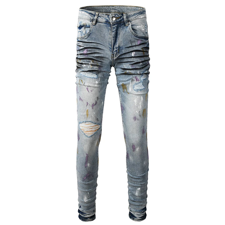 Light Blue Multicolour Painted Ribbed Distressed Jeans