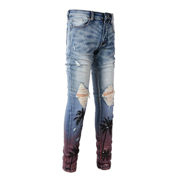 Blue Palm Tree Distressed Ripped Jeans