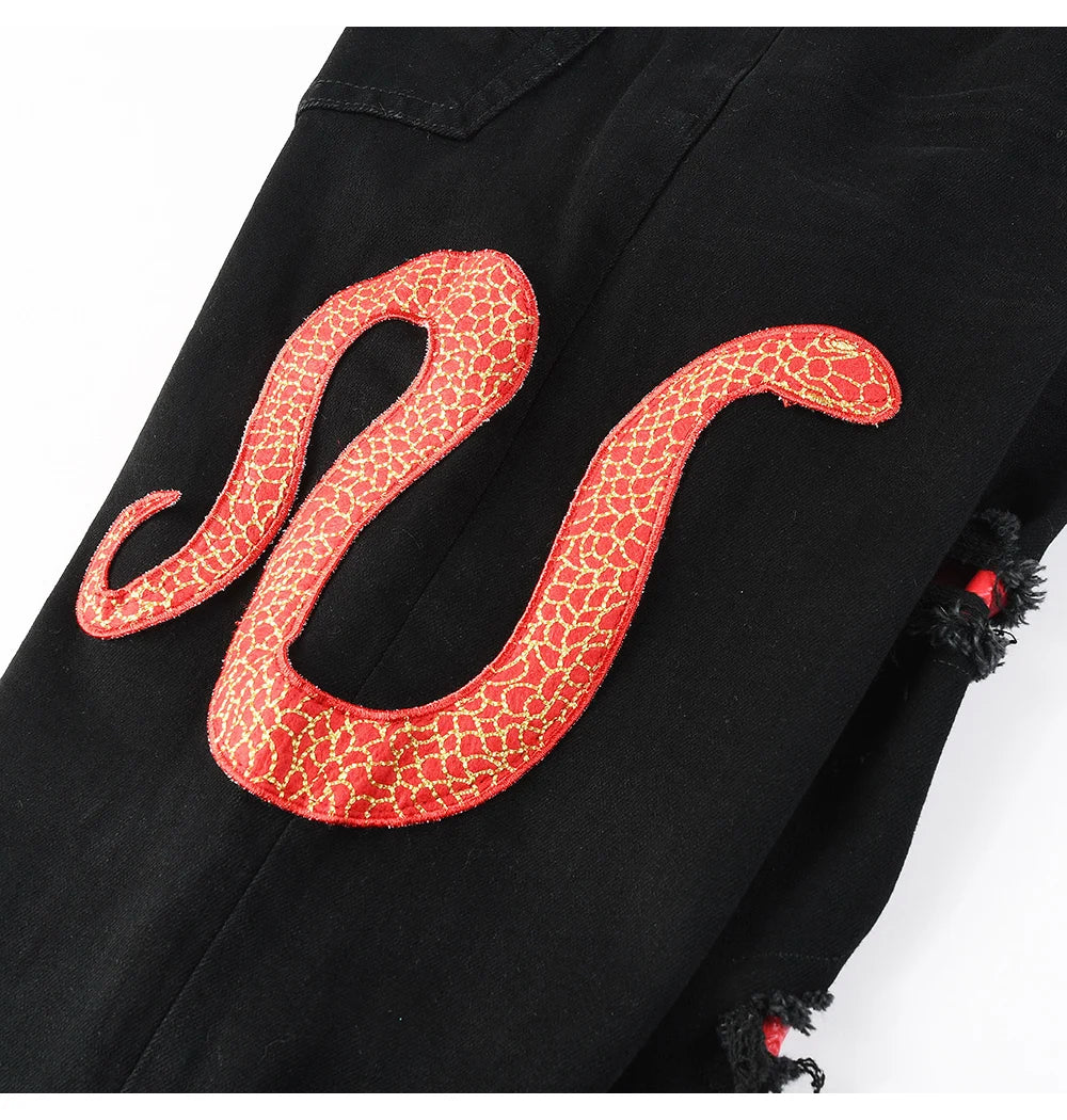 Black Red Full Embroidery Snake Patch Jeans