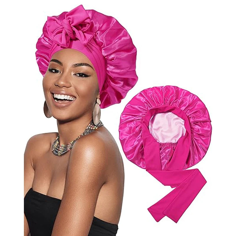 Hot Pink Double Layered Wide Band Tied Silky Bonnet