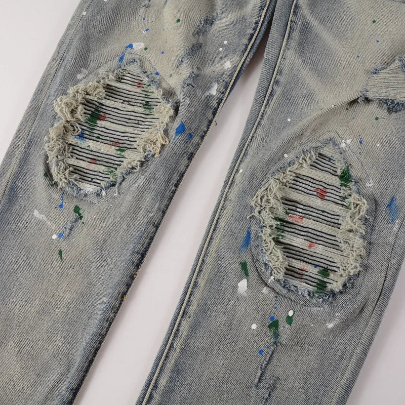 Blue Paint Splatter Ribbed Patchwork Distressed Jeans