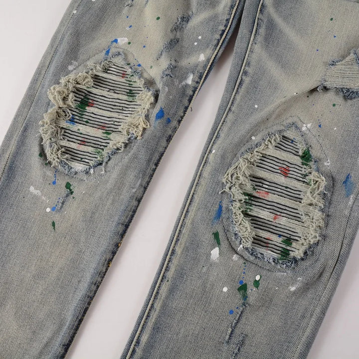Blue Paint Splatter Ribbed Patchwork Distressed Jeans
