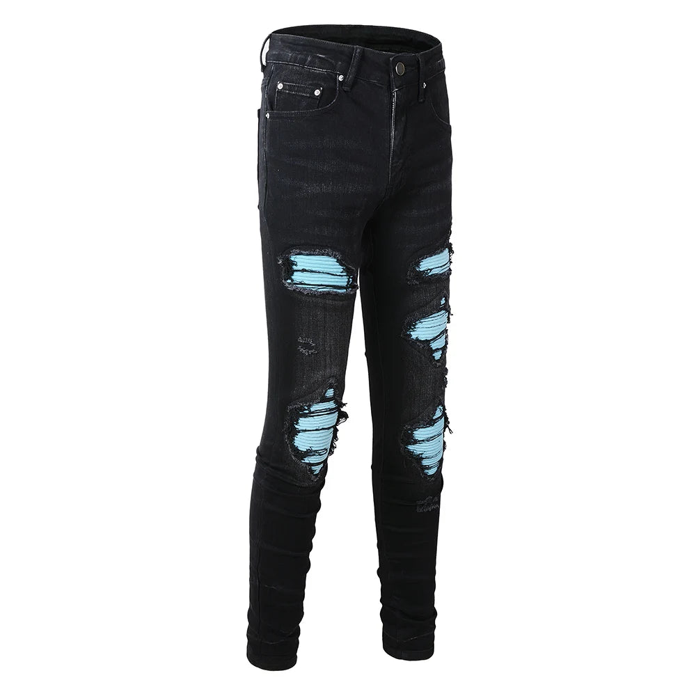 Black Sky Blue Ribbed Velvet Patch Jeans