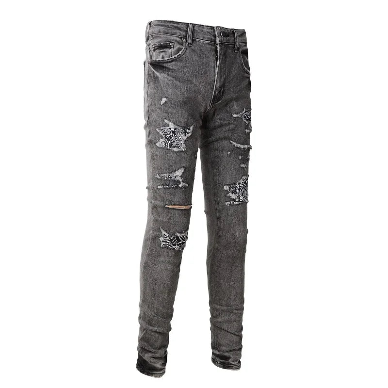 Grey Black Bandana Paisley Patchwork Distressed Jeans