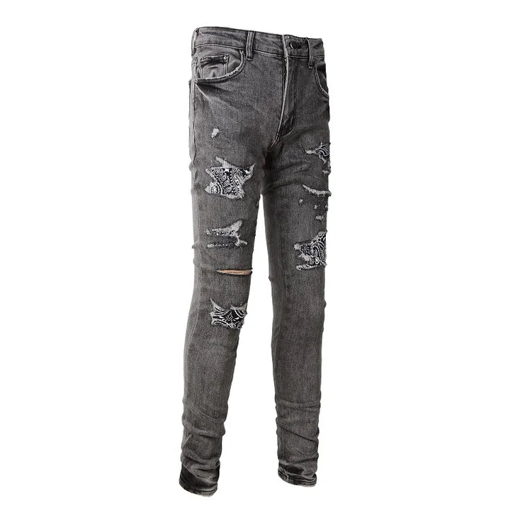 Grey Black Bandana Paisley Patchwork Distressed Jeans
