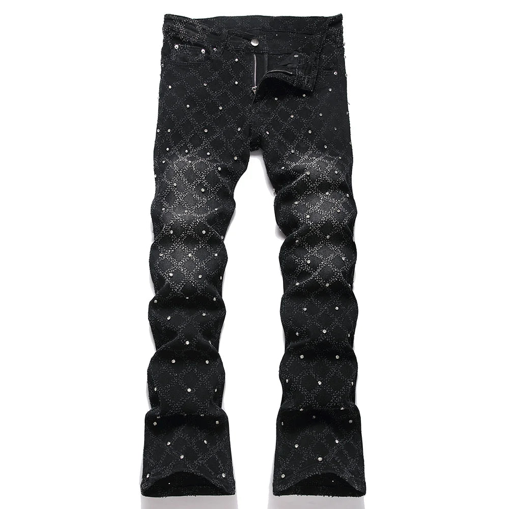 Black Patterned Crystal Bootcut Jeans