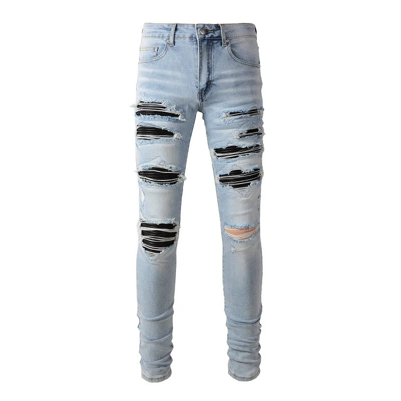 Light Blue Full Leather Patchwork Distressed Painted Jeans