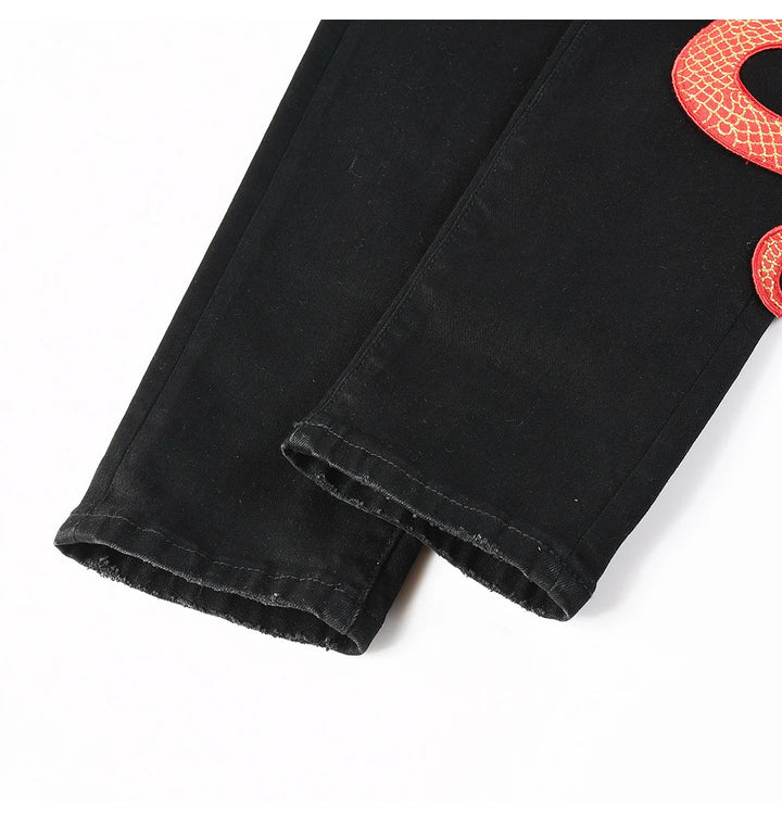 Black Red Full Embroidery Snake Patch Jeans