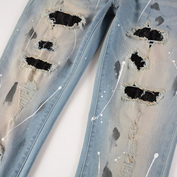 Blue Black Crystal Patchwork Paint Splatter Distressed Jeans