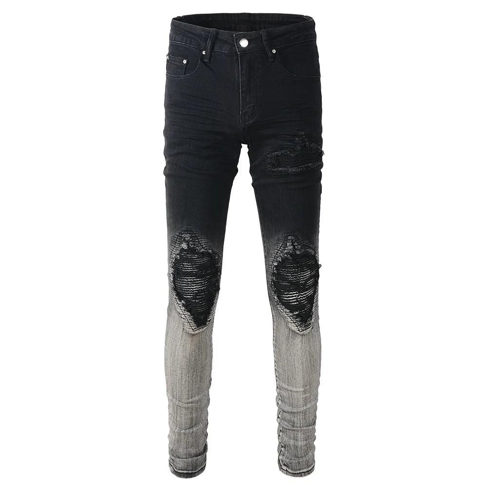Black Grey Gradient Ripped Ribbed Patch Jeans - Main Image