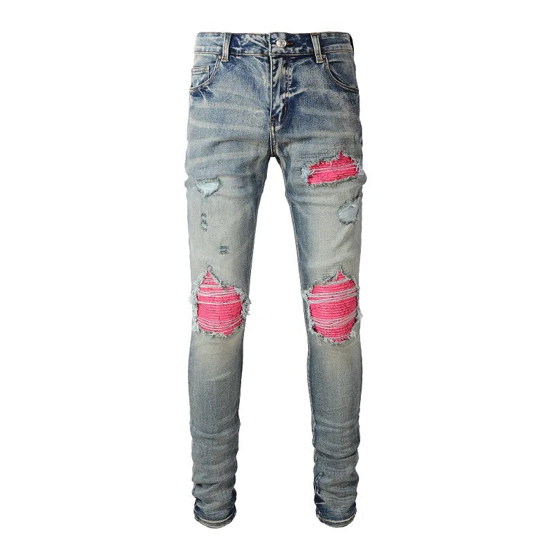 Blue Pink Cracked Ribbed Patchwork Jeans