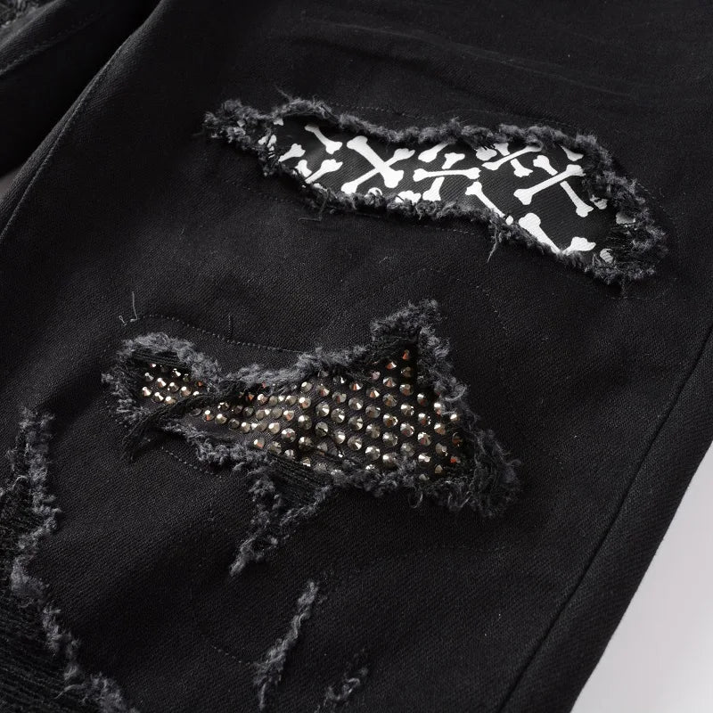 Black White Crystal Mixed Artwork Patch Jeans