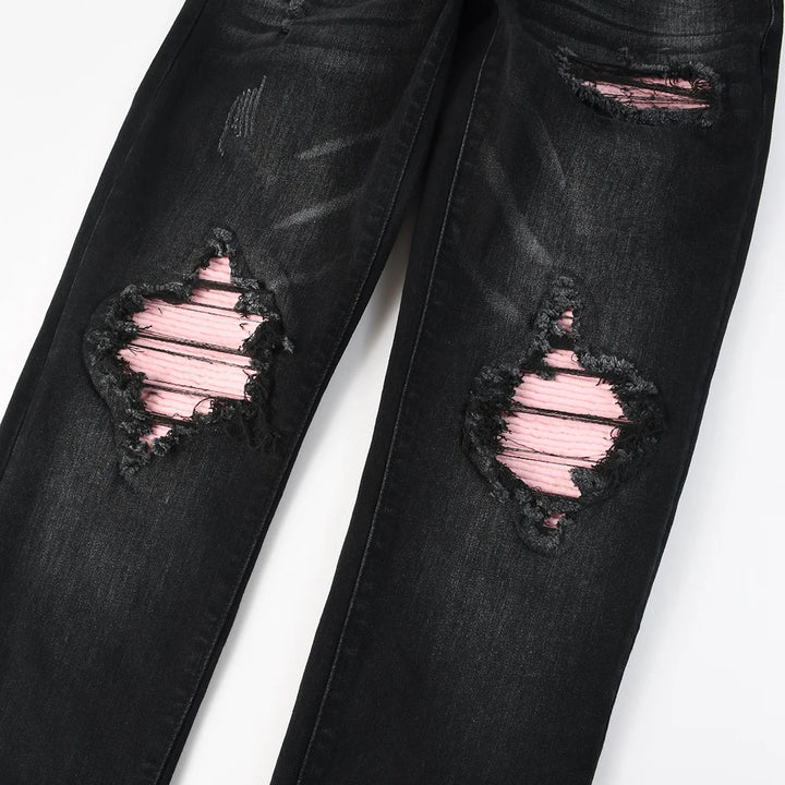 Black Pink Ribbed Leather Patch Jeans