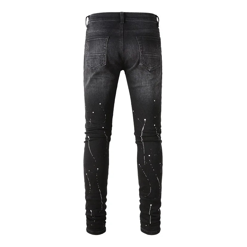 Black Red Crystal Paint Splatter Distessed Jeans