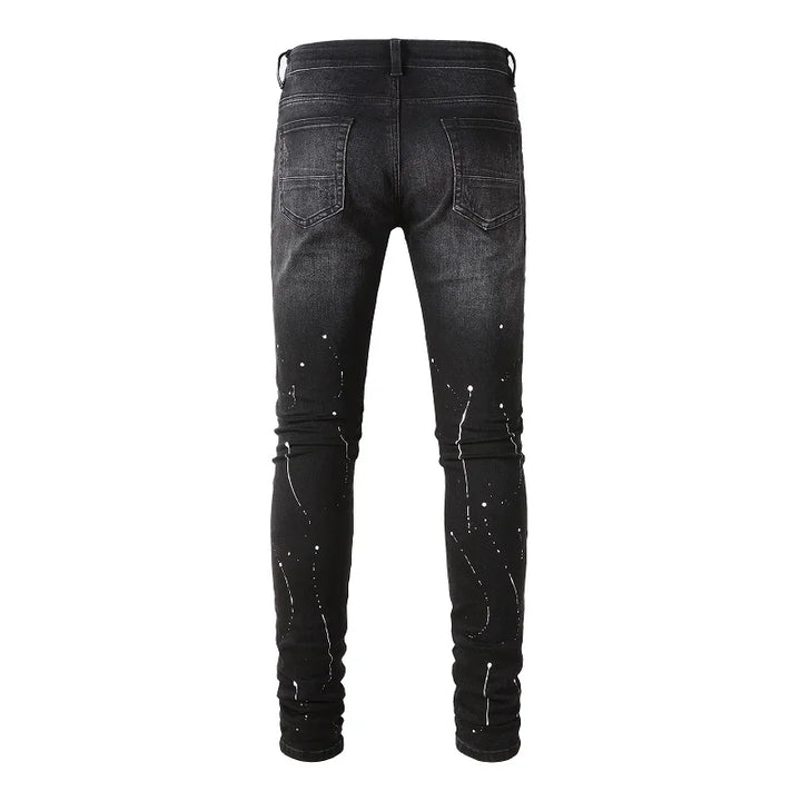 Black Red Crystal Paint Splatter Distessed Jeans