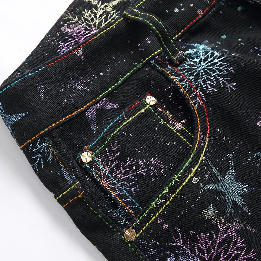 Black Multicolour Snowflake Star Print Bootcut Jeans