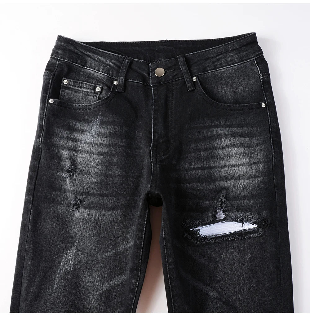 Black White Ribbed Patch Jeans