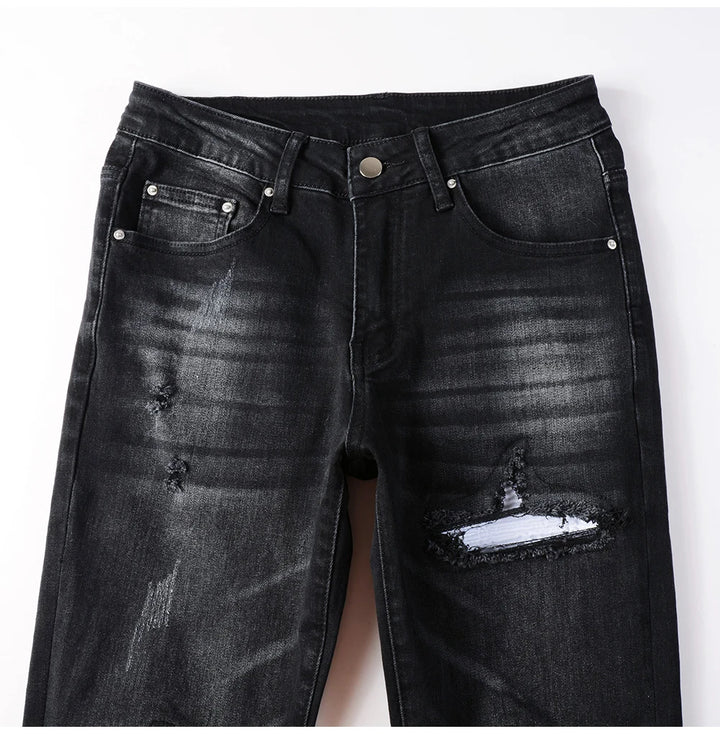 Black White Ribbed Patch Jeans