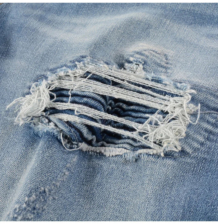 Blue Ribbed Denim Patch Distressed Jeans