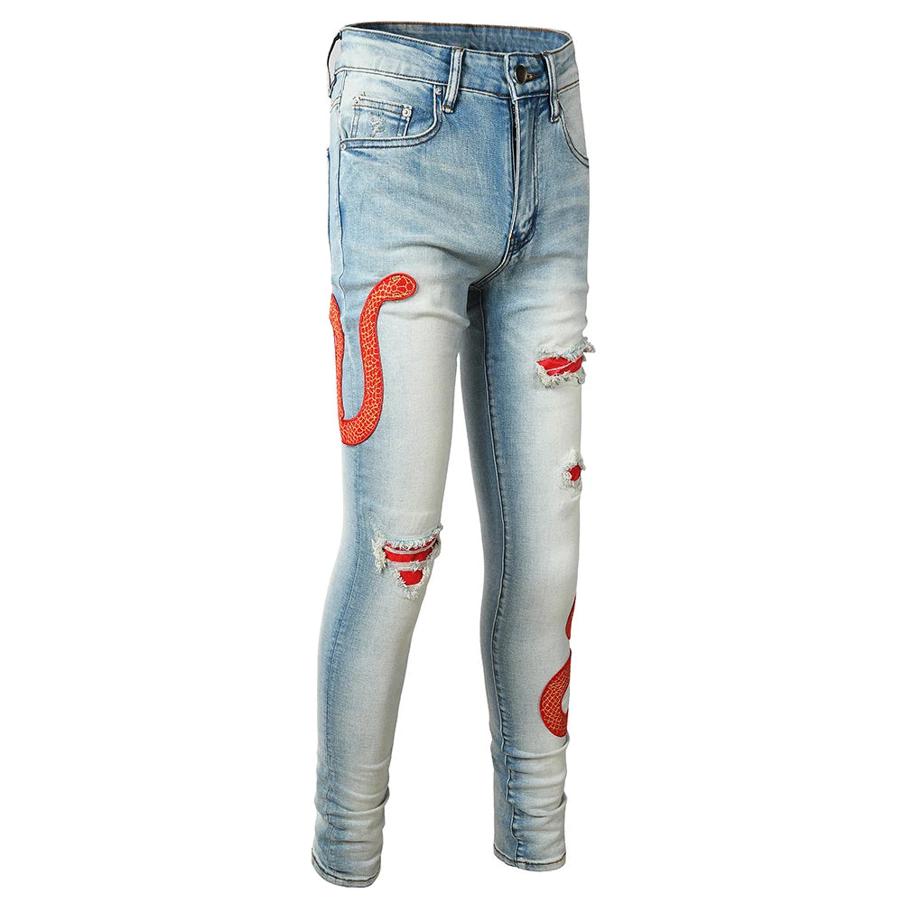 Blue Red Full Embroidery Snake Patch Jeans