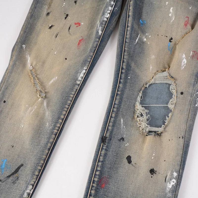 Blue Vintage Paint Splatter Ripped Jeans