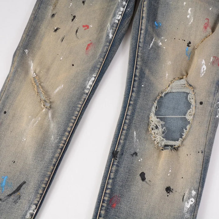 Blue Vintage Paint Splatter Ripped Jeans