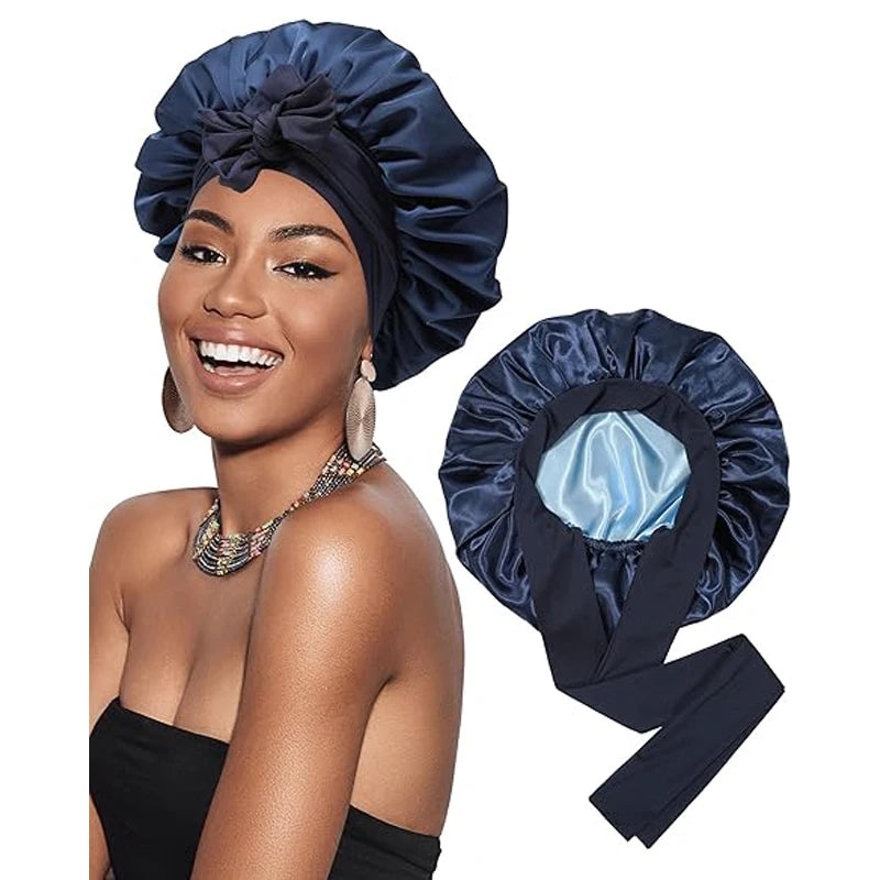 Navy Blue Double Layered Wide Band Tied Silky Bonnet