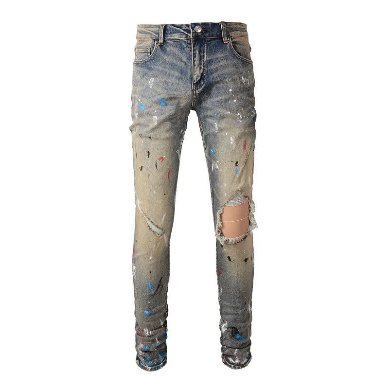 Blue Vintage Paint Splatter Ripped Jeans
