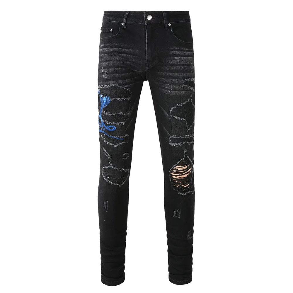 Black Royal Blue Snake Embroidery Distressed Jeans