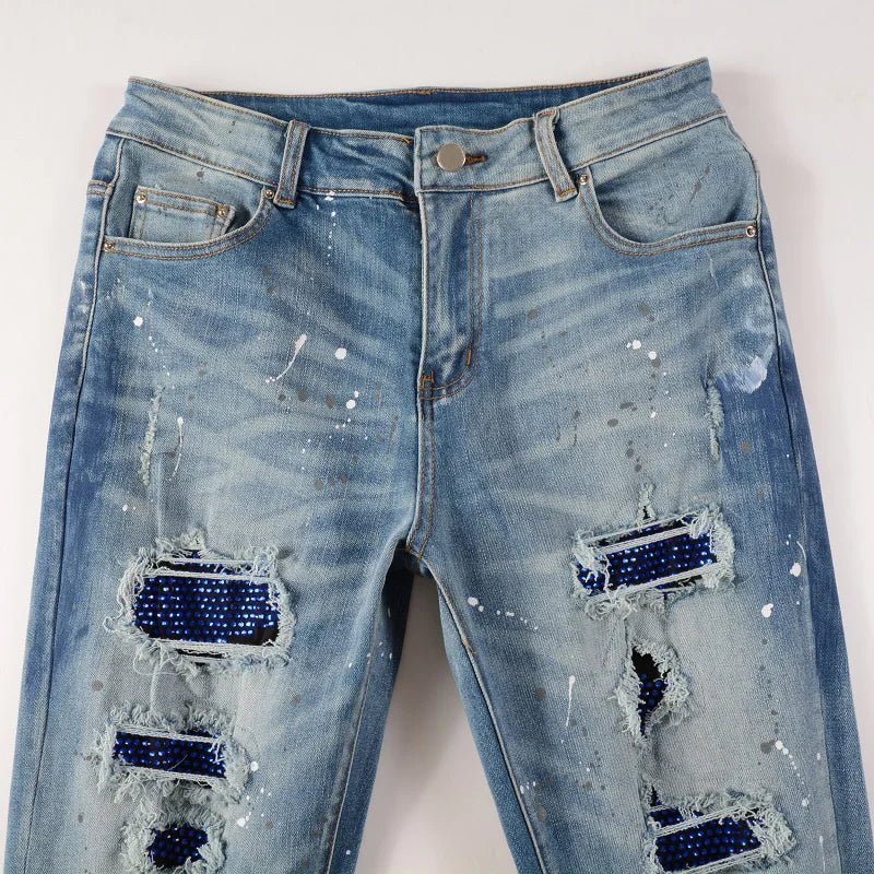 Blue Full Crystal Patchwork Distressed Painted Jeans