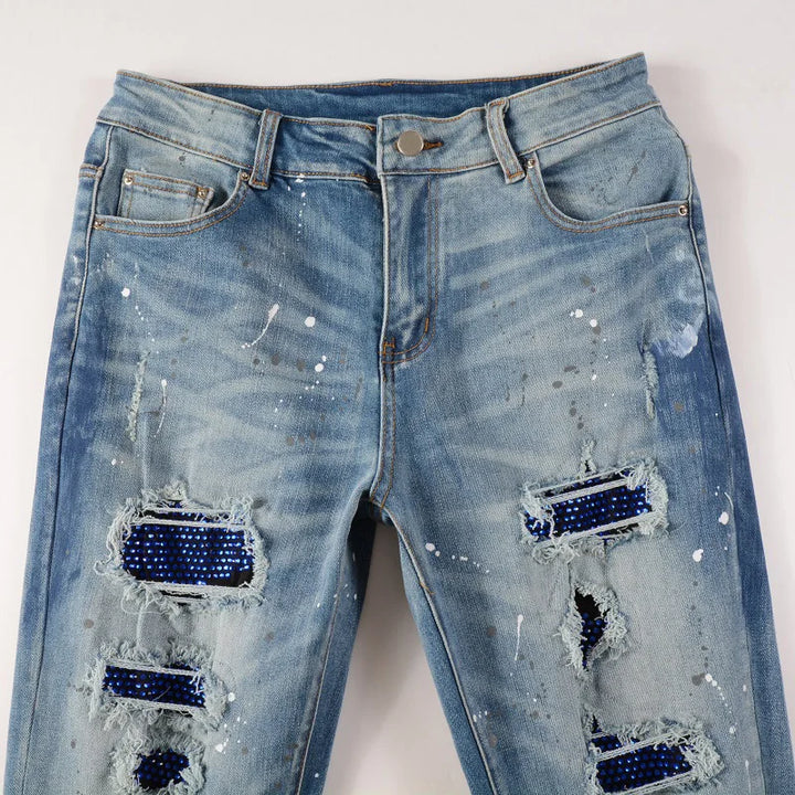 Blue Full Crystal Patchwork Distressed Painted Jeans