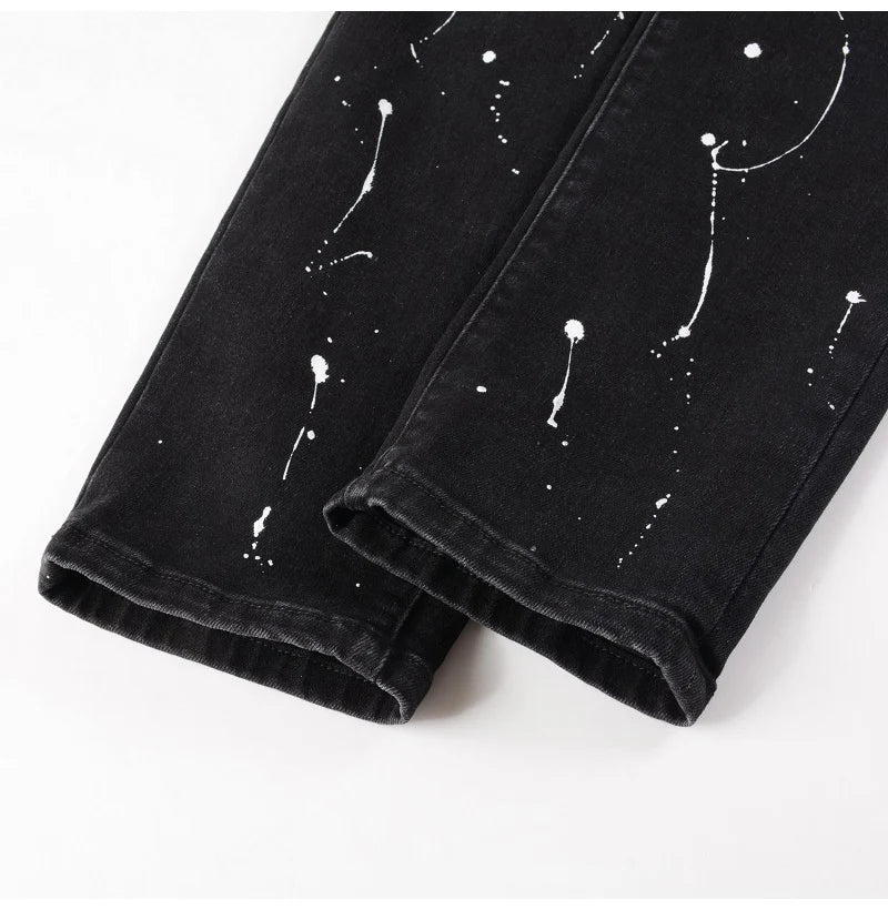 Black Red Crystal Paint Splatter Distessed Jeans