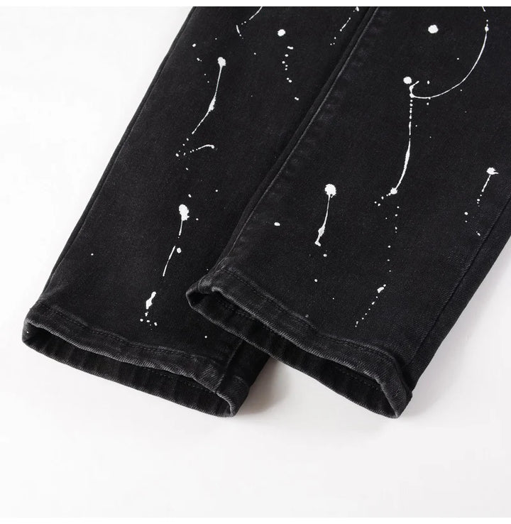 Black Red Crystal Paint Splatter Distessed Jeans