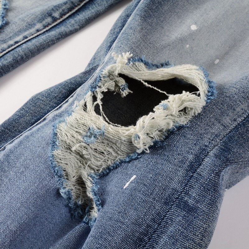 Blue Palm Tree Distressed Ripped Jeans