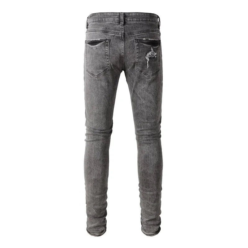Grey Black Bandana Paisley Patchwork Distressed Jeans