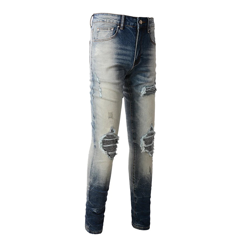 Blue Black Crystal Patchwork Dye Jeans