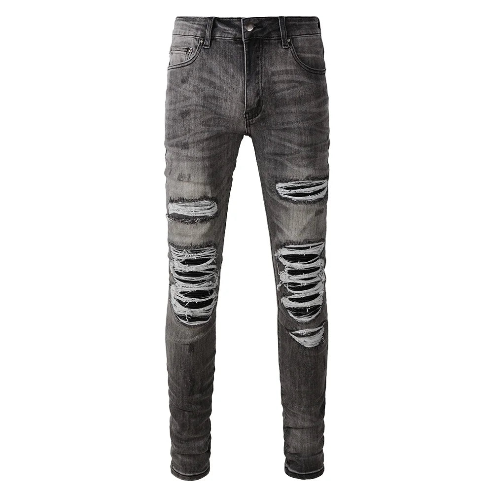 Grey Black Leather Patchwork Distressed Jeans