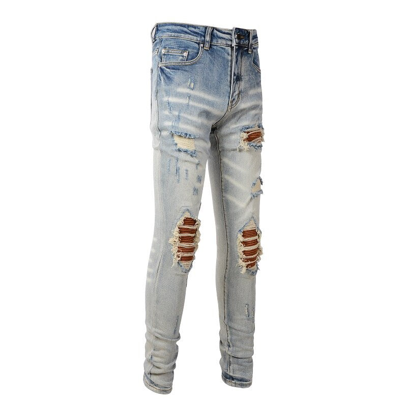 Blue Brown Ribbed Patchwork Distressed Jeans